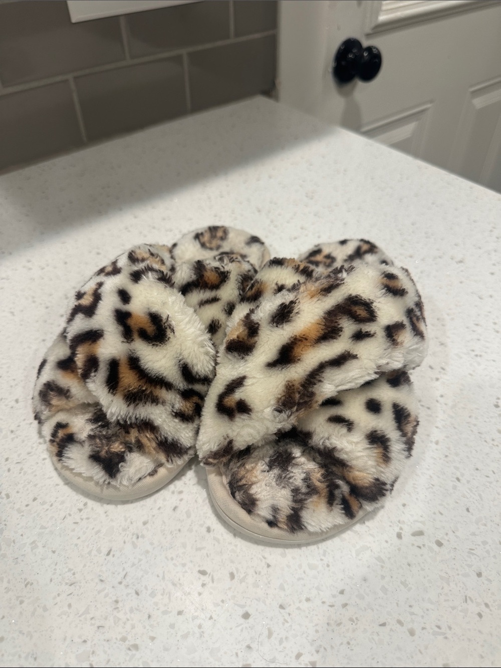 Faux Fur Leopard Print Slide Slippers